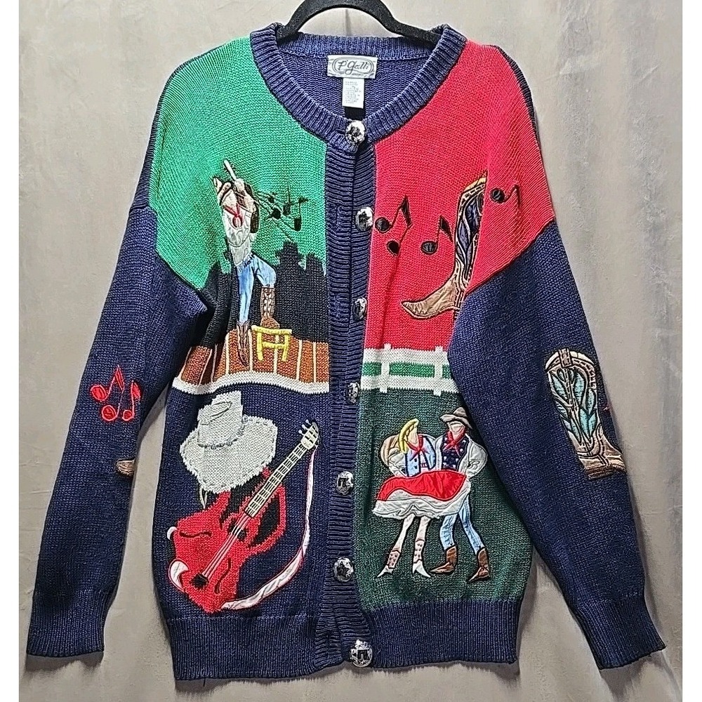 Vintage P' Galli‎ Designs Western Cowboy Music Woven Cardigan Sweater XL